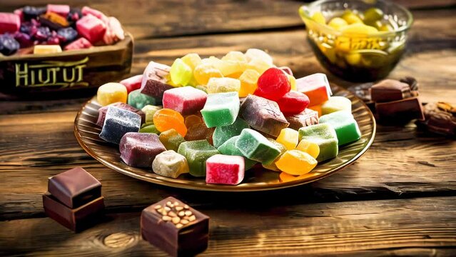 Turkish delights. Various pieces of traditional Turkish sweets on a wooden table.