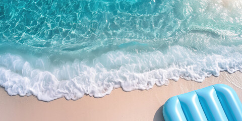 Swim mattress lying on a sandy beach near a sea