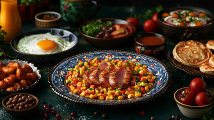 Fototapeta premium A close-up photo of a vibrant dish of roast pork and corn salad, showcasing the diverse flavors of Mediterranean inspired cuisine.