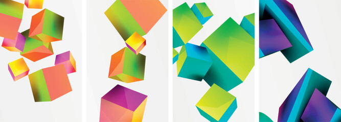 Flying 3d shapes, cubes and other geometric elements background design for wallpaper, business card, cover, poster, banner, brochure, header, website