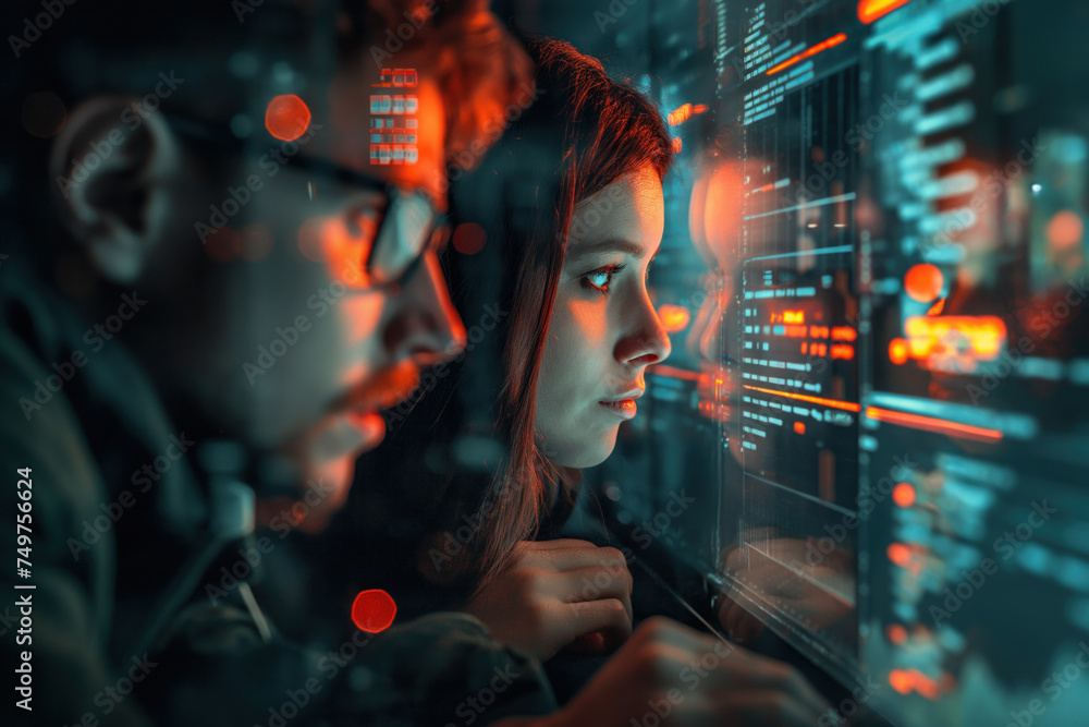 Poster a cybersecurity team in action focusing on the intensity and concentration as they defend against a 