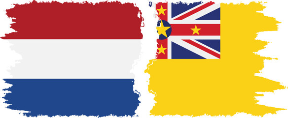 Niue and Netherlands grunge flags connection vector