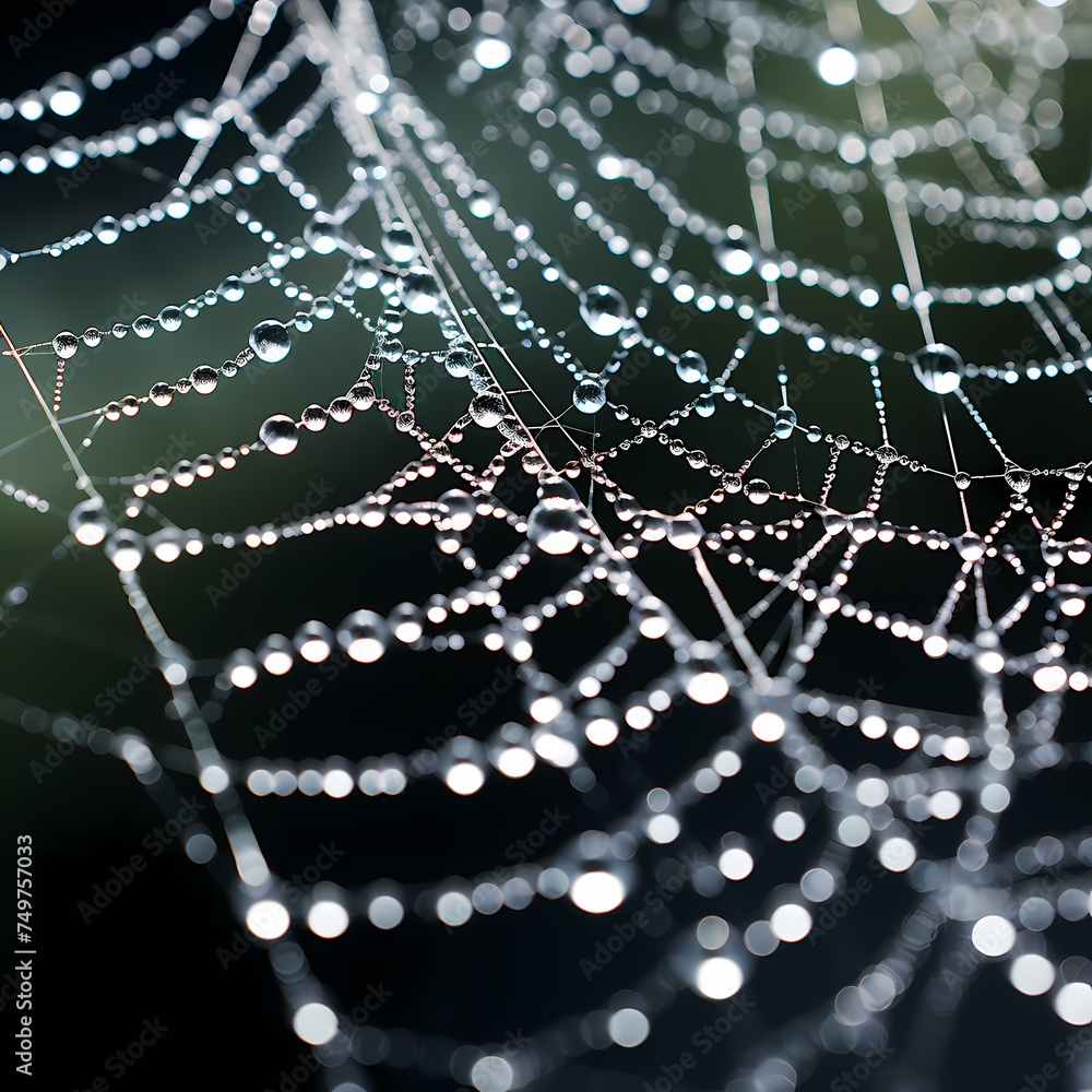 Wall mural Macro shot of a dew-covered spider web. 