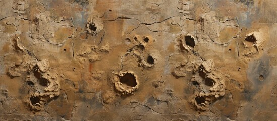 A weathered cement wall with noticeable wear and tear, featuring numerous holes and cracks in the plaster. The aged surface reveals a history of use and decay, with some holes appearing to be