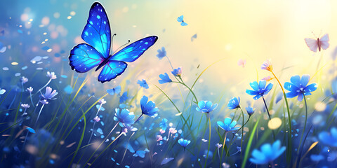 Beautiful blue butterfly on gold and purple flower buds on a soft blurred blue background