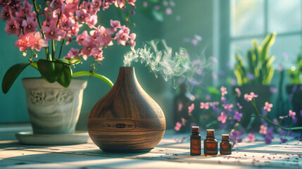 Essential Wellness: Aromatic Oils and Herbal Scents, Natural Health Concept with Wooden Background - obrazy, fototapety, plakaty