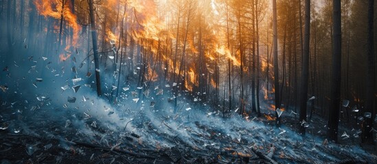 A forest engulfed in flames as a furious fire spreads rapidly, consuming trees and filling the air with smoke. The once serene wilderness is now a scene of destruction and chaos.