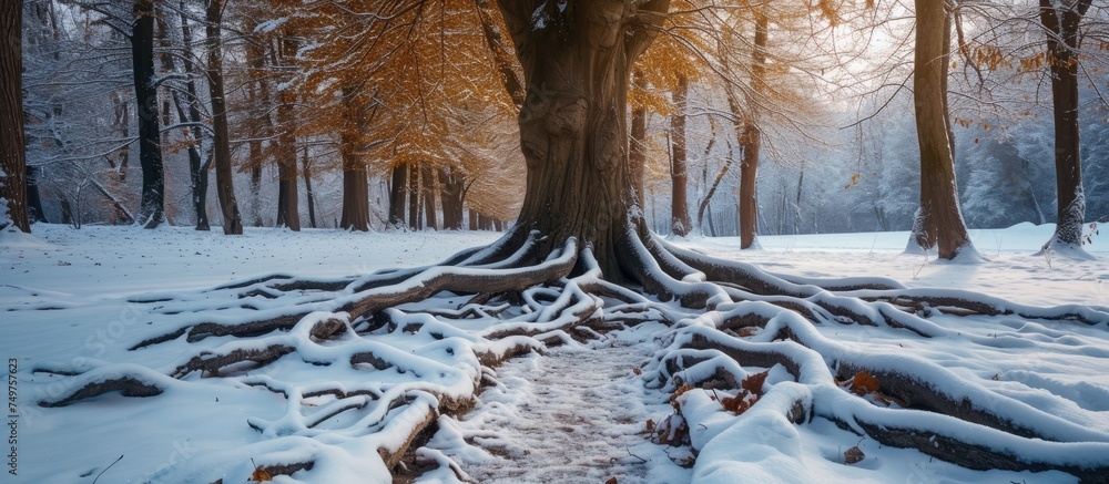 Poster a path winds through a snowy forest, surrounded by tall trees heavy with snow. the path is covered i