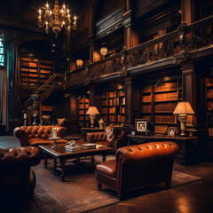 
Old-fashioned library with leather-bound books and dim lighting. - obrazy, fototapety, plakaty