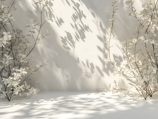 The white wall is covered in a leafy design, and filled with branches. minimal background