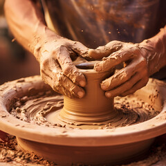 Potters hands shaping clay on a spinning wheel.