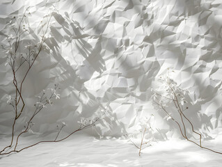 The white wall is covered in a leafy design, and filled with branches. minimal background