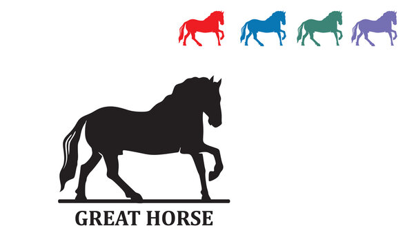 GREAT HORSE WALKING SIMPLE LOGO, silhouette of great horse moving vector illustrations