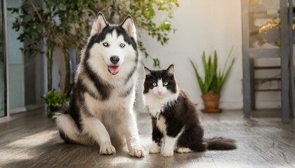 Siberian husky with black and white cat sitting on floor