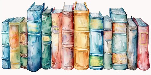Hand drawing watercolor illustration of a row of vintage old books isolated on white background, watercolor image of books stacking isolated on whtie. - obrazy, fototapety, plakaty