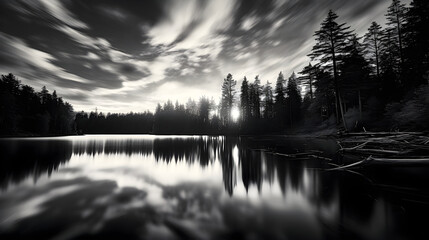 Tranquil Reflections: A Monochromatic Interpretation of Natural Beauty at Dusk Around a Lake