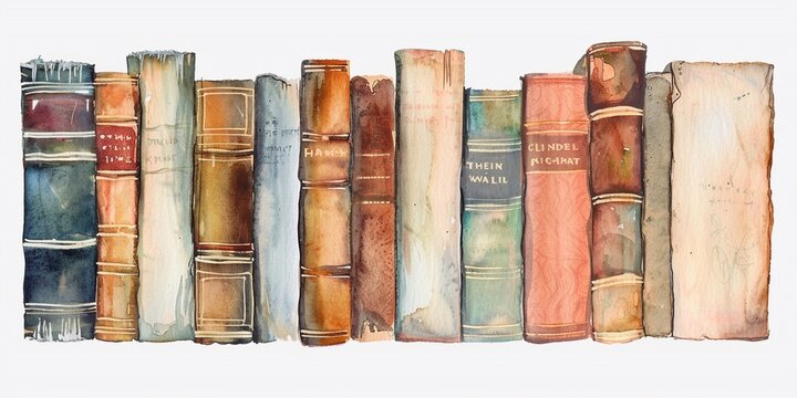 Hand drawing watercolor illustration of a row of vintage old books isolated on white background, watercolor image of books stacking isolated on whtie.