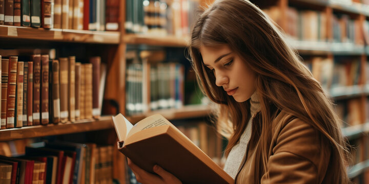 Young woman reading a book in a library among shelves full of books, concept of Education, high school, university, learning and people concept. Smiling student girl reading book.