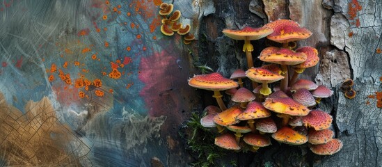 A cluster of mushrooms of various sizes and colors growing on the textured bark of a tree,...