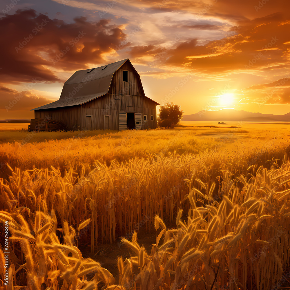 Wall mural Rustic barn in a golden wheat field at sunset.