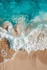 Foto op Canvas Aerial top-down view of an ocean beach with blue water, waves with foam and spray, and fine sand, concept of beautiful summer vacation holidays © Emanuel