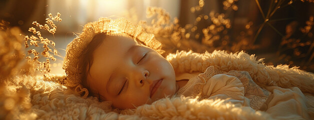 Peaceful newborn sleeping in warm golden light, wrapped in a cozy blanket, depicting innocence and serenity. - obrazy, fototapety, plakaty