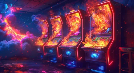 Fotobehang Vibrant arcade room with neon-lit gaming machines against a cosmic background. © Gayan