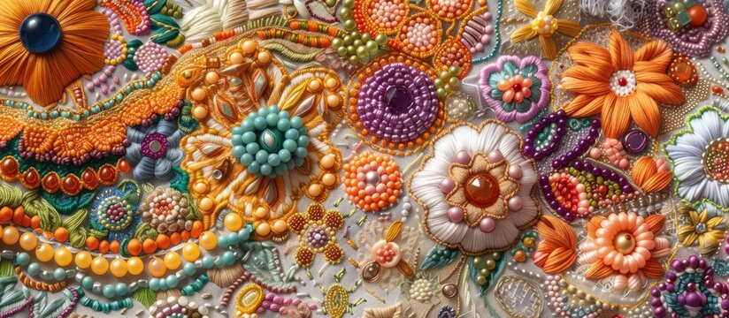 A detailed close-up view of a piece of artwork made of intricately arranged beads. The beads form intricate patterns and designs, possibly depicting religious scenes or cultural motifs.