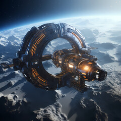 Sci-fi space station orbiting a distant planet.