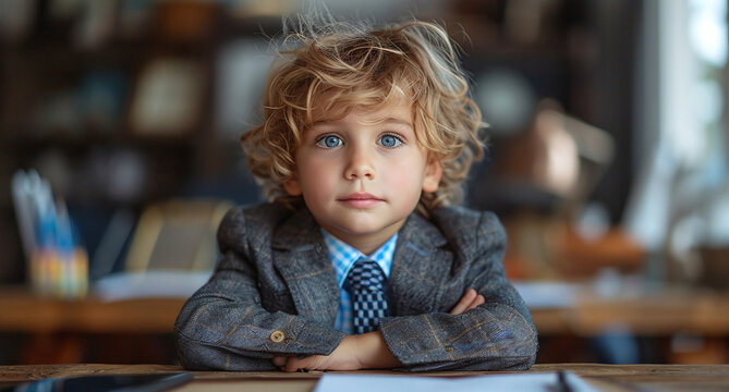 Portrait of a thoughtful young boy with curly hair dressed in a suit, sitting at a desk with a serious expression.