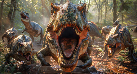 Ferocious crocodiles with open jaws in a dense forest setting.