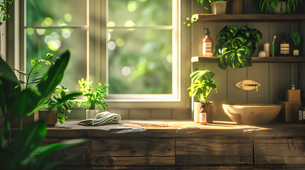 Indoor Garden View: Home Interior with Wooden Table, Greenery, and Sunlit Window, Nature Inside
