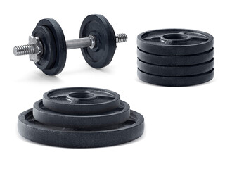 The metal dumbbell and weights, transparent background