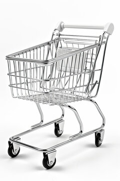 An isolated white metal shopping cart or trolley, empty