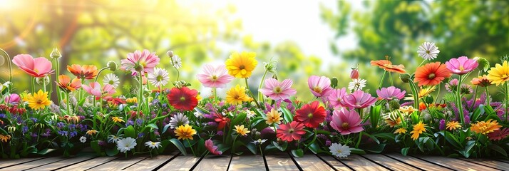 Different colorful summer flowers blossoming in front of terrace. Sunlight on background - obrazy, fototapety, plakaty
