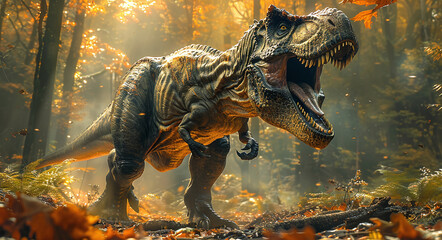 Fierce Tyrannosaurus rex roaring in a misty autumn forest with vibrant fall colors.