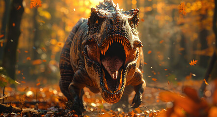 Fierce dinosaur roaring in a sunlit forest, with autumn leaves. Suitable for prehistoric or fantasy...