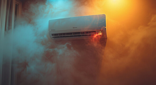 Air conditioner on wall with smoke or steam for concept of overheating or malfunction.