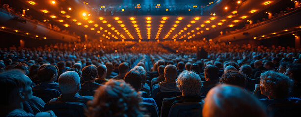 Audience in theater with stage lights, capturing the anticipation of a live performance.