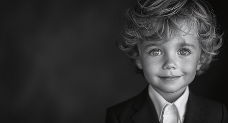 Black and white portrait of a smiling young child with curly hair, dressed in a formal suit, against a dark background.