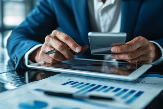 Business, Internet, And Technology Concept - Close-up Of Businessman’s Hands Working With Tablet PC And Smartphone