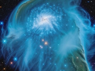 A vibrant star cluster bursting with young, blue stars, their light illuminating a nearby dust cloud.