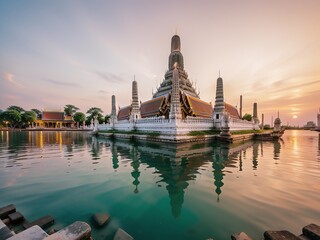 An image of the iconic Wat Arun temple in Bangkok during a vibrant sunset