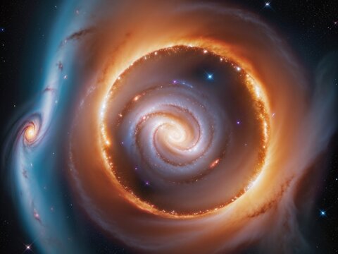 A supermassive black hole at the center of a galaxy, surrounded by a swirling accretion disk of glowing gas and dust.