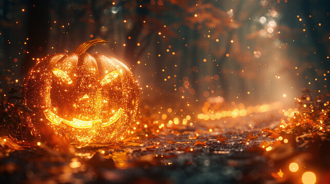 Glowing jack-o'-lantern in a mystical setting with sparkling lights and autumn leaves.