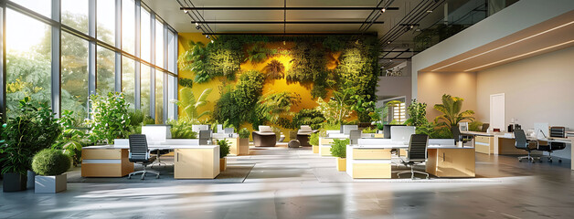 Modern office space with green living walls, natural light, and contemporary furniture.