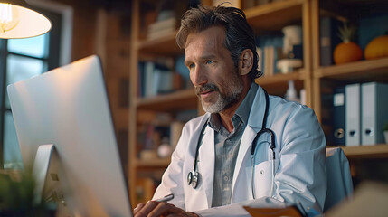Mature male doctor with stethoscope working on computer in office setting.