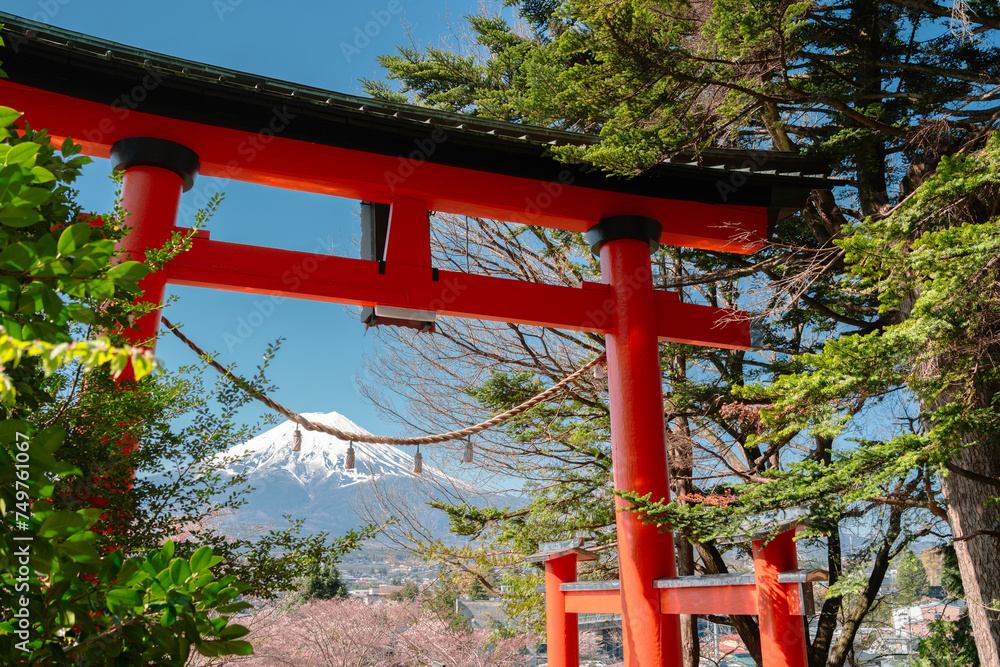 Sticker Arakurayama Sengen Park Shrine Torii gate and Fuji Mountain at spring in Yamanashi, Japan