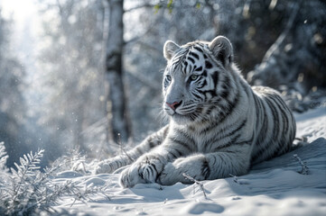 Fototapeta na wymiar White tiger lying on snow in winter forest. Wildlife scene from nature.