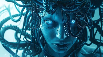 A Gorgon reimagined as a modern cybersecurity champion in the Oort Cloud enforces corporate social responsibility with a piercing gaze safeguarding digital realms